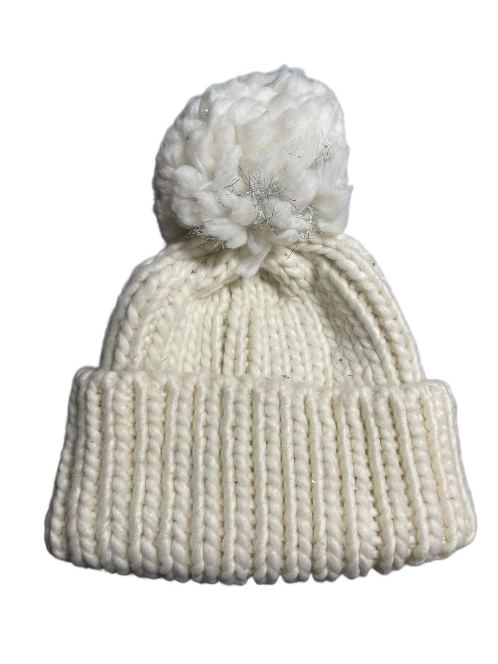 Bebe Girls Kids White Ribbed Knit Metallic Fringe Pom Pom Bonnet Beanie Hot OS